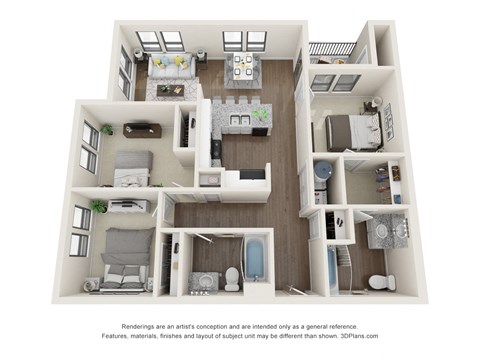 Floor plan for 3 beds, 2 baths, 1050 sqft